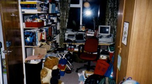 Our old PCs, the newer Toshiba 200CDS Laptop on the left, and the older Packard Bell Legend 660 on the right, in our rather messy office (now the server room). Circa 1997