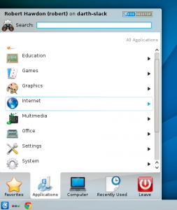 KDE's K menu as shown on Slackware Linux 14.1