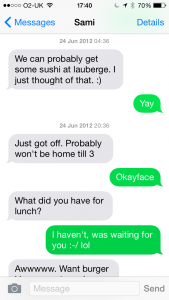 A screenshot of an SMS conversation I had with my girlfriend of the time. Transferred to my new installation of iOS without restoring from an iTunes backup.