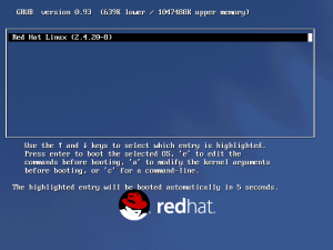 The Grub boot loader showing Red Hat Linux 9 using Linux kernel 2.4.20
