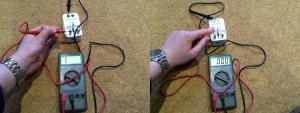 Demonstrating the fatal flaw with this unit. Left: When the pins are inside the unit, they're safe. Right: When two or more sets of pins are exposed, the others are also live.